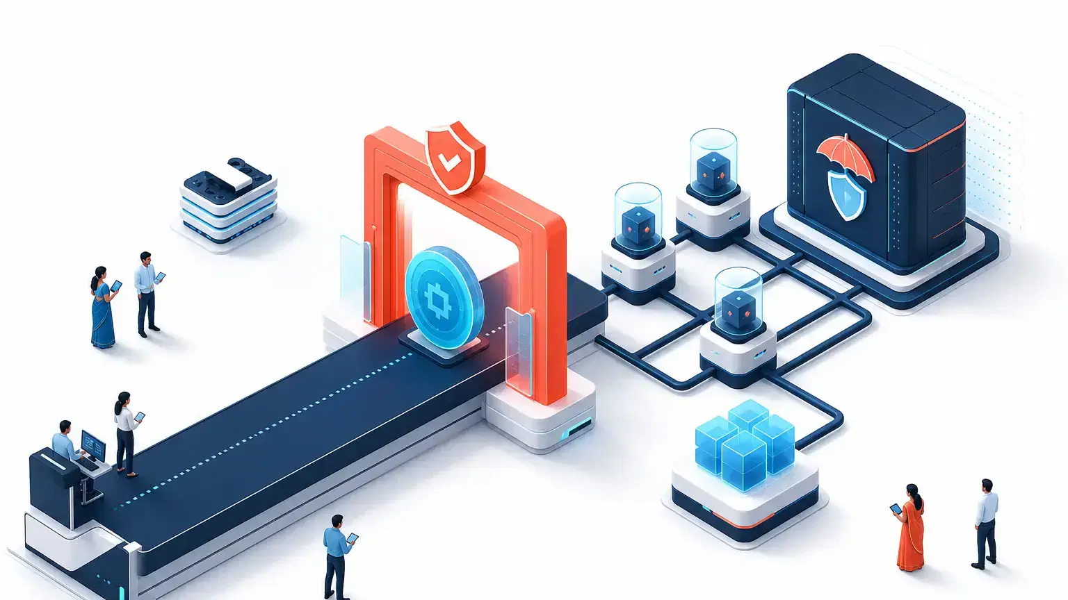An authorised payment token pauses at a cyber-insurance coverage checkpoint within an isometric fintech network.