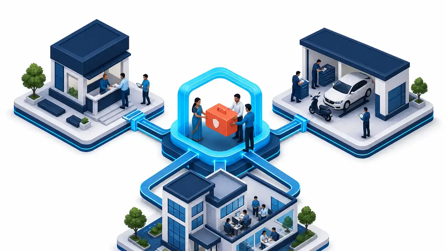 Isometric claims gateway connecting a lender kiosk, mobility depot and insurance operations building.